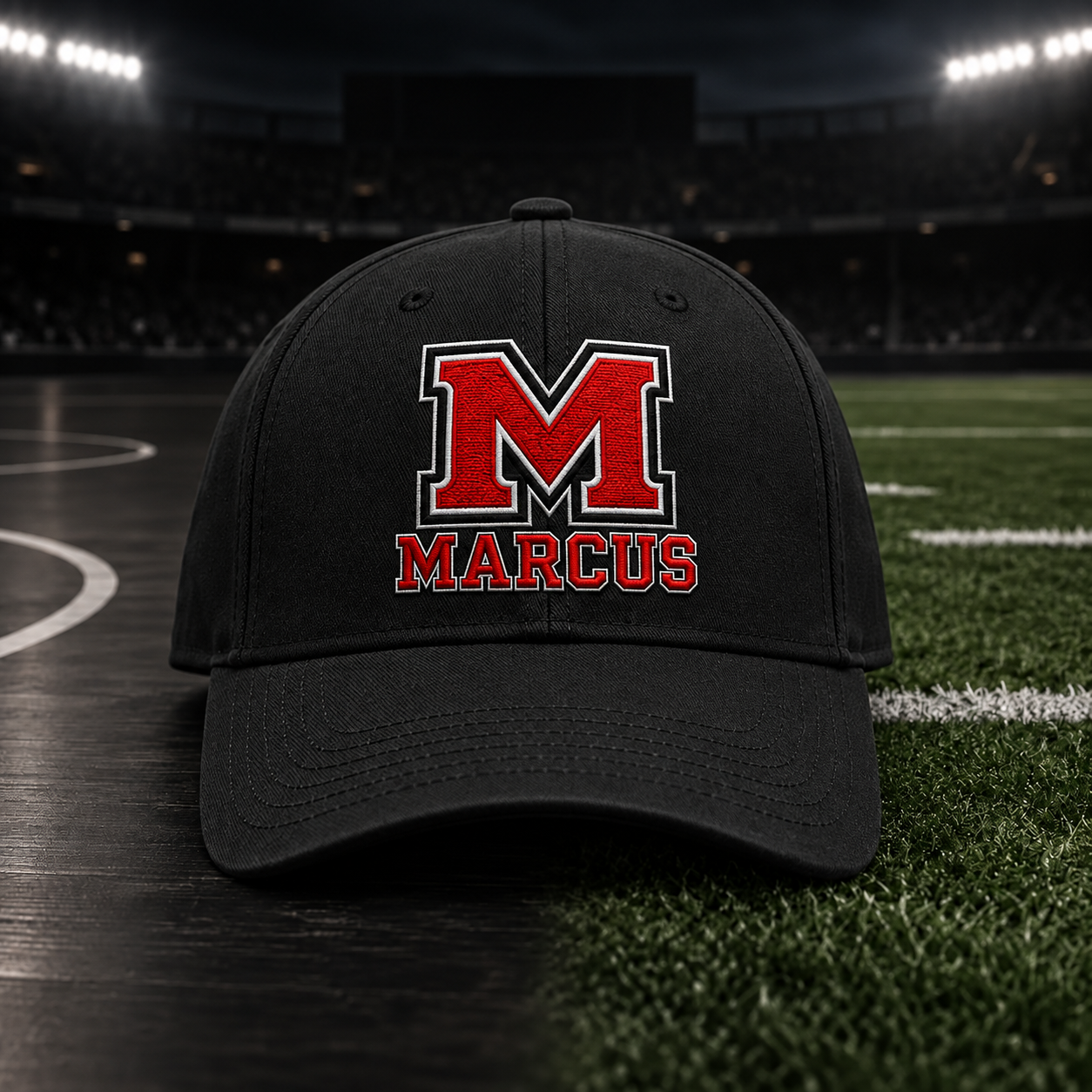 Centered front view of a black Marcus cap with M and Marcus lettering