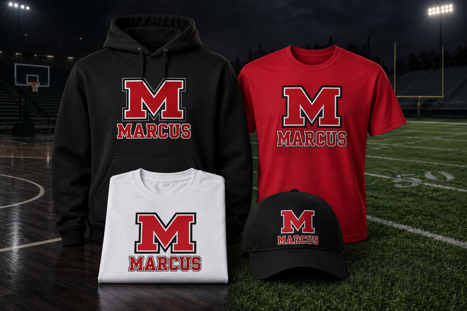 Marcus shirts, hoodie, and hat on a basketball court and football field