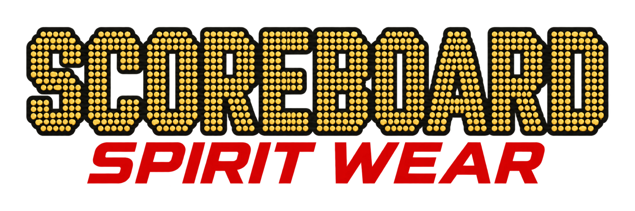 Scoreboard Spirit Wear in gold lights and red lettering